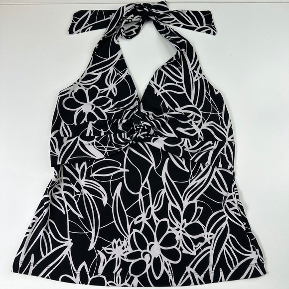 Apt 9 Halter Tank Top Women's Small Black White Floral Stretch Sleeveless - Picture 1 of 4